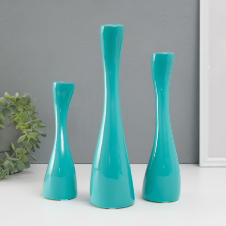 Ceramics candlestick for 1 candle "wave" d = 2.5 cm, turquoise, set 3 pcs h = 20, 25 and 30 cm-2