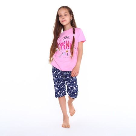 Pajamas (T -shirt, breeches) for girls, pink/blue color, height 122 cm-1