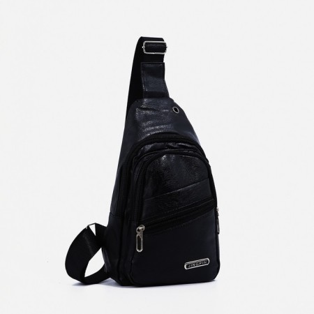 Male sling bag, artificial leather, headphone opening, black color-1