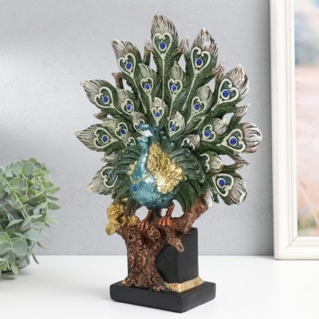 Polystone souvenir "Peacock with a green tail with feathers with gold stroke" 25.5x9x33 cm-3