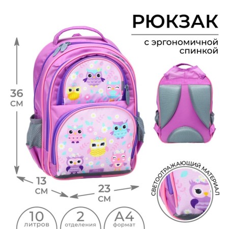 School backpack, 36 x 23 x 13 cm, ergonomic back, calligrata n "owl", lilac