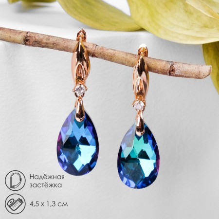 Earrings with rhinestones "Illusion" drop on oval, white-blue color in gold