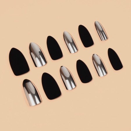 Patch nails, 12 pcs, with adhesive plates, the shape of the almonds, matte/chrome, black, silver-1