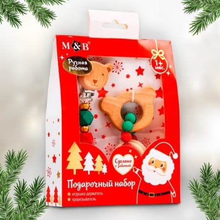 Gift set "Santa Claus", 2 items: holder for nipples-dummy and rodent rodent, New Year's gift packaging-2