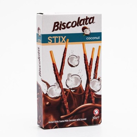 Biscolata biscuit sticks in milk chocolate with coconut chips, 32 g