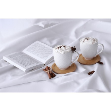 Ceramic tea set on the Bellatenero bamboo stand, 6 objects: 2 cups 350 ml, 2 wooden saucers d = 12 cm, 2 spoons, white color-8