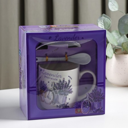 Ceramic mug with a spoon on the Lavender stand, 330 ml, Mix drawing-7