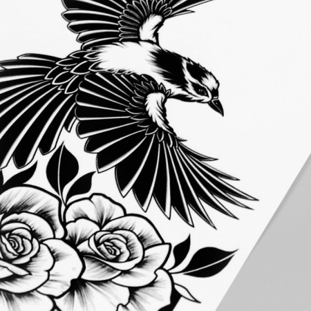 Black Tattoo on the body "Bird and Roses" 48x17 cm-2