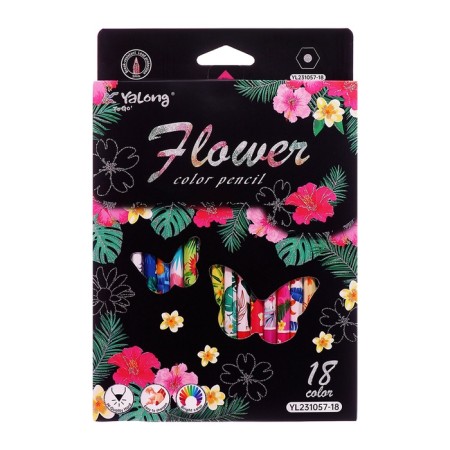 Pencils 18 flowers in a cardboard box, hexagonal, wooden, flowers on a black mix-7