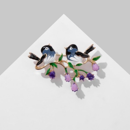 Brooch "Birds" on a flower branch, colored in gold-2