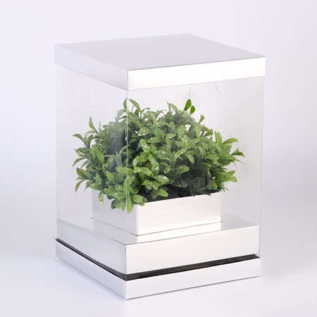Box for flowers with a vase and PVC are folding windows, 16 x 23 x 16 cm, silver