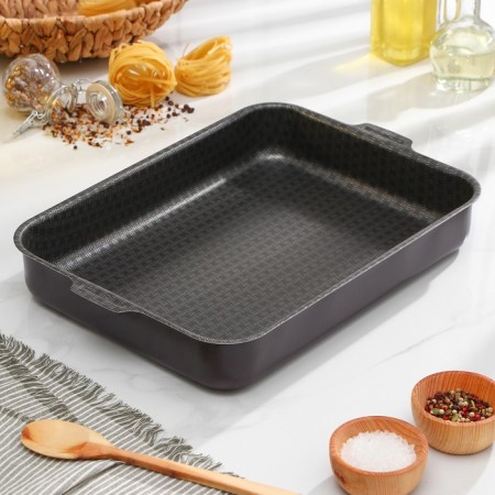 The baking sheet is "hostess", 27 × 35 cm, h = 6 cm, anti -stick coating, burgundy color