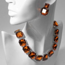 Set 2 objects: earrings, necklace “jewel” squares, red color in silver, 32 cm