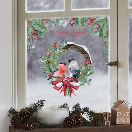 Window sticker "Happy New Year", bullfinches, reusable, 33 x 50 cm, new year-2