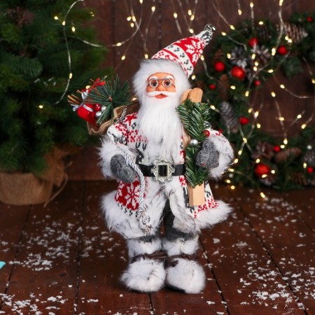 Santa Claus "In a suit with ornaments, skiing and twigs" 31 cm, red-white