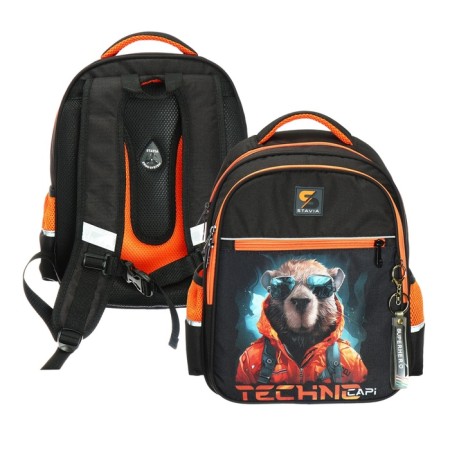 School backpack, 40 x 33 x 19 cm, ergonomic back, Stavia "capybara", black/orange