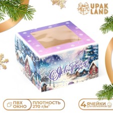 New Year. Box for 4 cupcake with the window 