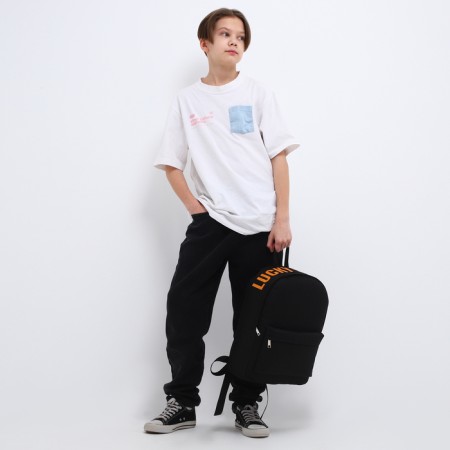 School backpack textile with printing on the top of Lucky, 38x29x11 cm, black color is black-11