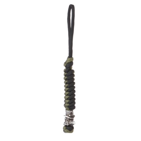 A keychain is a label for a “plague doctor” knife from a paracord, black and green-2