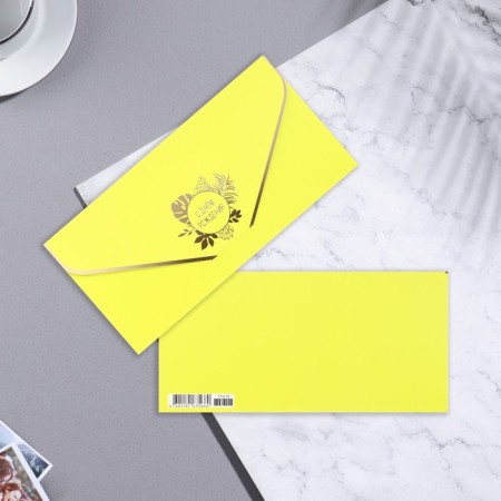 Money envelope "Happy Birthday!" Cutting off, software touch, embossing, yellow background, leaves, 9.3x19cm-1