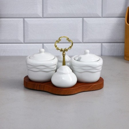 Speech for spices, 5 objects: stand, 2 pots, 2 containers for spices, porcelain, Iran