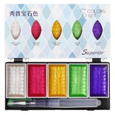 Watercolor paints, pearl, + brush, in a plastic box, 5 colors