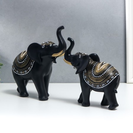 Polystone souvenir "Indian black elephants with a pattern on the Popon" N-r 2pp 18x7x17 21.5x8.5x21 cm 735555-2