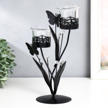 Summary Metal for 2 candles "Butterflies with Crystal balls" black 9.5x9.5x25.5 cm-3