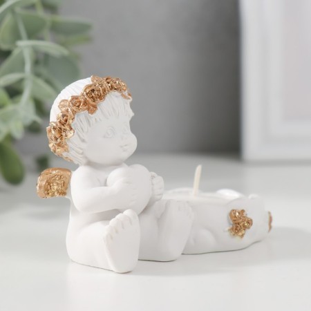Polystone candlestick "Angel with a heart, in a golden wreath" 6x5.3x8 cm-2