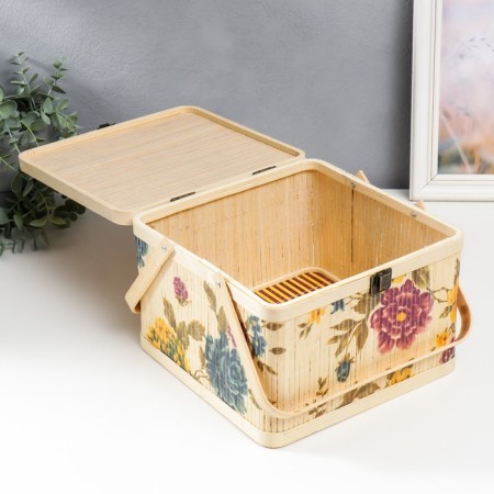 Bamboo box "Garden with peonies" square, with handles 16x24x24 cm-3