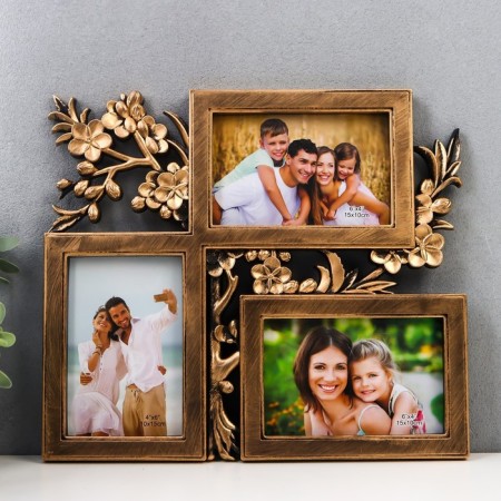 Photo frame plastic in 3 photos 10x15 cm "Blooming cherry" gold 33x29 cm