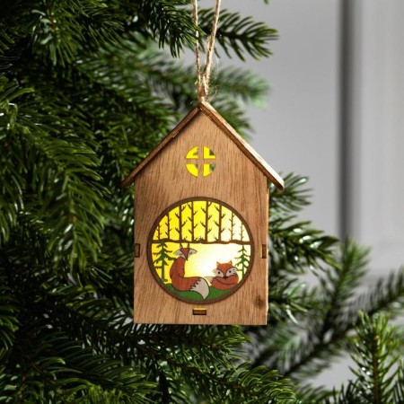 Christmas tree toy "House with a fox", from batteries, glow warm white-2