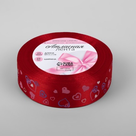 Satin ribbon "Hearts", 25 mm × 23 ± 1 m, color red No. 026-1