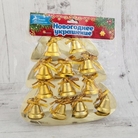 Jewelry decoration "Bells with stars and a bow" (set 12 pcs) 2 cm, gold-1