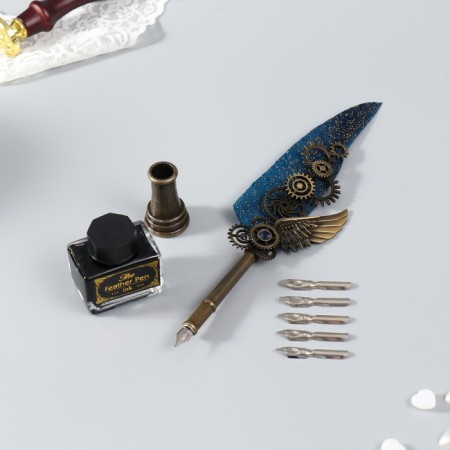 Feature handle set with interchangeable feathers+stand+ink "mechanisms" 26x12x4 cm-2