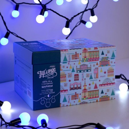 Garland “thread” 10 m with nozzles “balls 2.5 cm”, IP44, dark thread, 100 LED, glow of white and blue, blinking, 220 V-4
