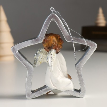 Souvenir Polystone Suspension "Angel on the Star" Silver Wings 4.5x11x11 cm-2