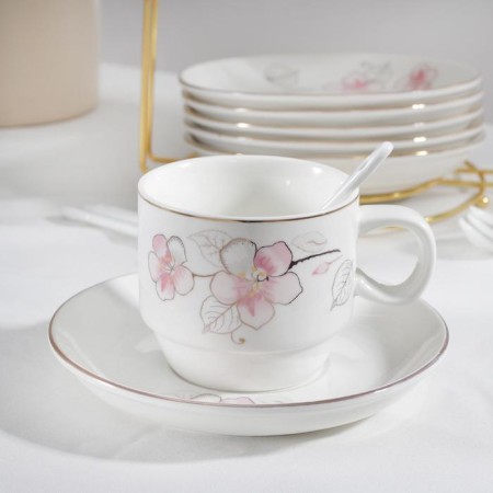Tea ceramic service on a metal stand “Rose”, 19 objects: 6 cups 170 ml, 6 saucers 13.5 cm, 6 spoons, white color-1