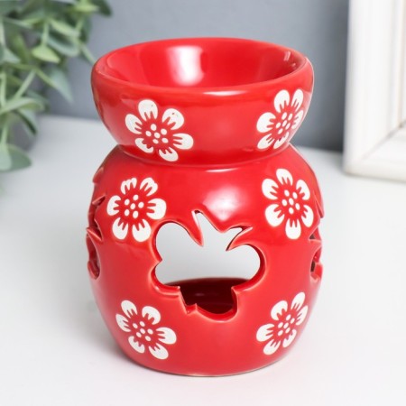 Aroma lamp ceramics "butterflies" white flowers on red 8x8x10 cm