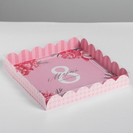 Cookie box, confectionery packaging with PVC lid, “March 8”, 21 x 21 x 3 cm
