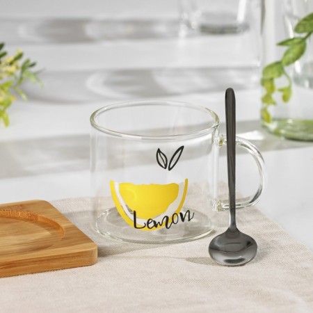 Glass mug with a wooden stand and spoon "Lemon", 300 ml, MIX drawing-1