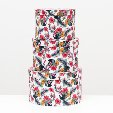 Set of round boxes 3 in 1 "Multi -colored flowers", 25.5 x 15 - 19 x 13.5 cm-1