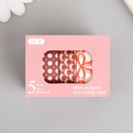 Adhesive tape Paper "Red Patterns" Width 1 cm winding 2 m set 5 pcs-4