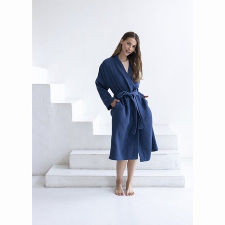 Essential bathrobe, multilayer muslin, size S, dark blue color-1
