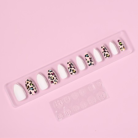 Leo patch nails, 12 pcs, with glue plates, the shape of the almonds, white, beige