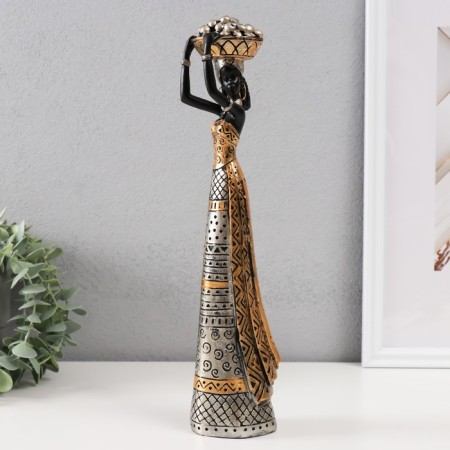 Souvenir Polystone "African with fruits on her head" Gold with black 8x6x33 cm