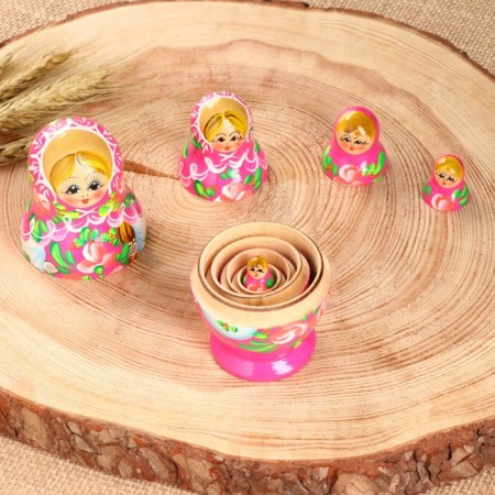 Nesting doll "rose", pink dress, 5 puppet, 10 cm-3