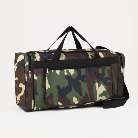 Road bag with lightning, 3 external pockets, a long belt, camouflage color/brown
