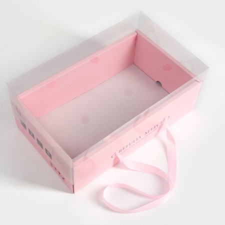 Gift box with a bow, handles and a transparent lid 35 x 21 x 15 cm pink-3