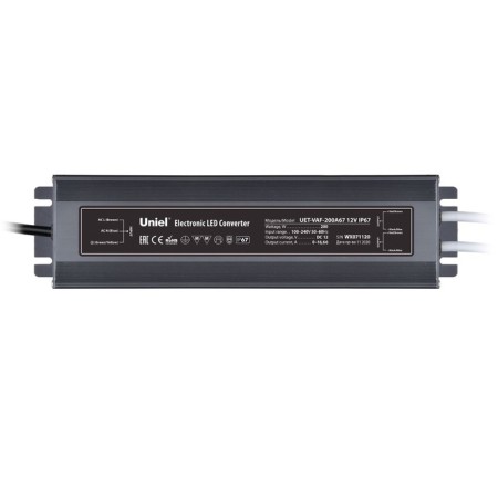Uniel power supply, 200 watts, IP67, 12 V, 50-60 Hz, 16.7A, 2 exits, silver color